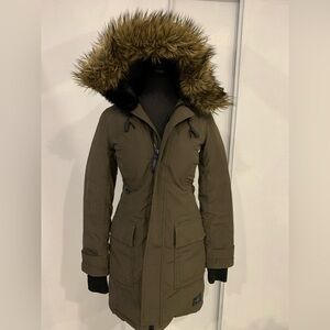 TNA Khaki Puffer Coat with Faux Fur Hood
